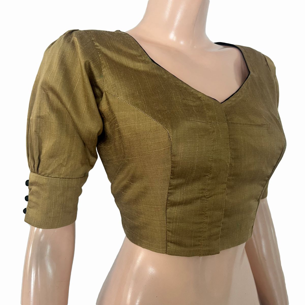 Semi-Raw Silk Sweetheart Neck Blouse with Puff Sleeves, Lining & Potli Button Details, Golden Brown ,BS1190