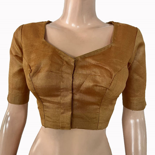 Pure Tussar Silk Zari woven Sweetheart neck Blouse with Keyhole  in back & Lining ,Beige - Brown ,BS1192