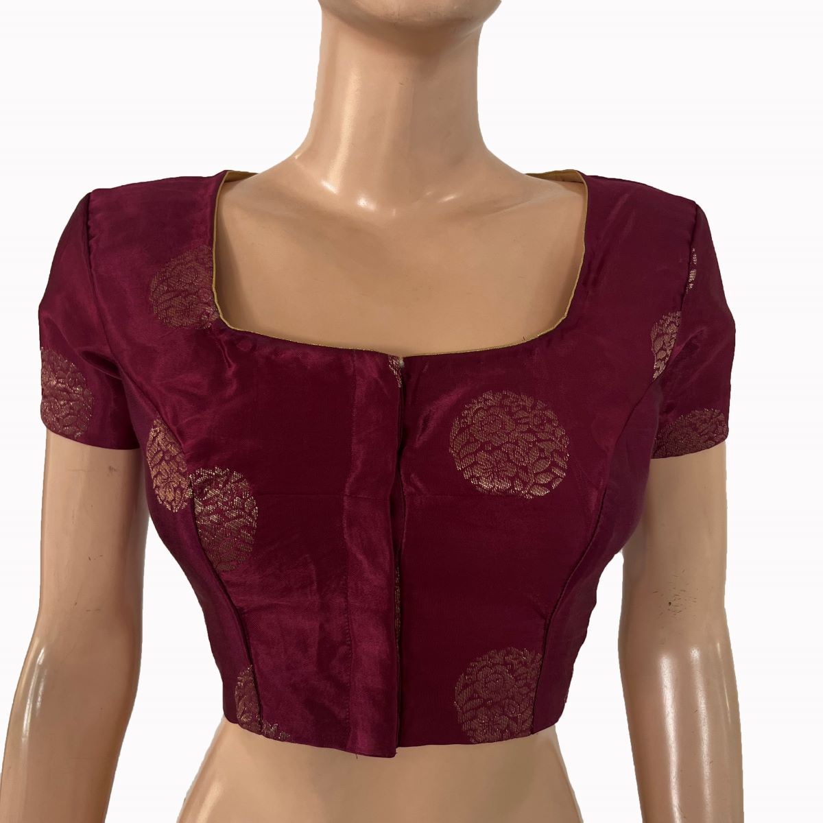 Mashroo Gajji Silk Square - U Neck Blouse with Golden Butta, Lining and Short Sleeves , Wine Color ,BS1193 Mashroo Gajji Silk Square - U Neck Blouse with Golden Butta, Lining and Short Sleeves , Wine Color ,BS1193