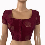 Mashroo Gajji Silk Square - U Neck Blouse with Golden Butta, Lining and Short Sleeves , Wine Color ,BS1193 Mashroo Gajji Silk Square - U Neck Blouse with Golden Butta, Lining and Short Sleeves , Wine Color ,BS1193