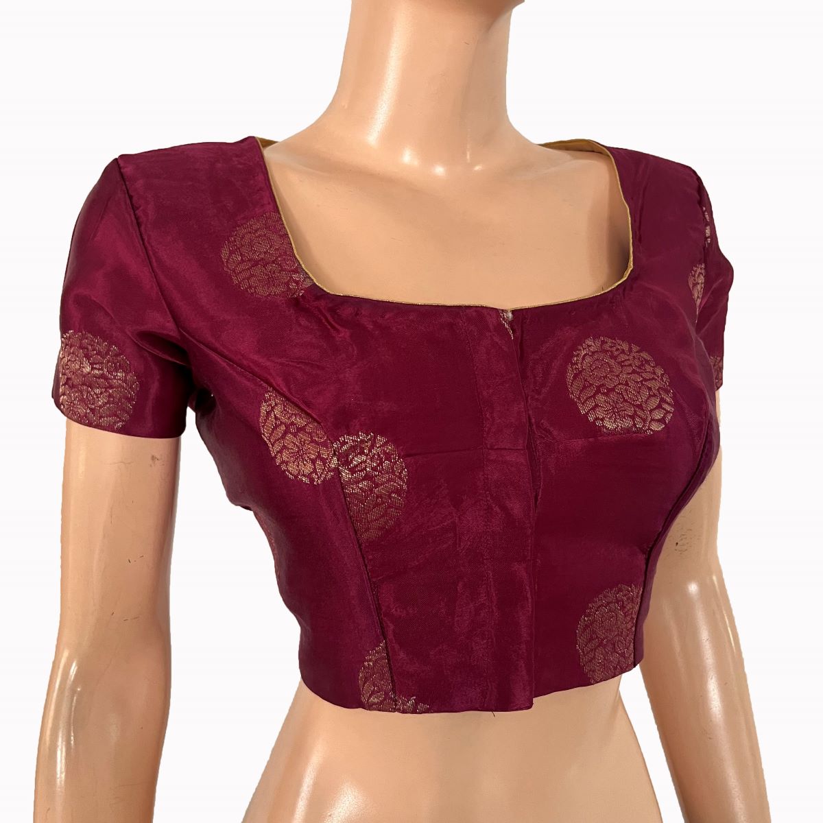 Mashroo Gajji Silk Square - U Neck Blouse with Golden Butta, Lining and Short Sleeves , Wine Color ,BS1193 Mashroo Gajji Silk Square - U Neck Blouse with Golden Butta, Lining and Short Sleeves , Wine Color ,BS1193