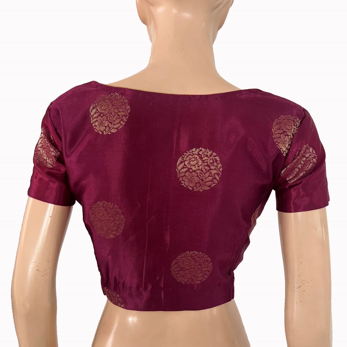Mashroo Gajji Silk Square - U Neck Blouse with Golden Butta, Lining and Short Sleeves , Wine Color ,BS1193 Mashroo Gajji Silk Square - U Neck Blouse with Golden Butta, Lining and Short Sleeves , Wine Color ,BS1193