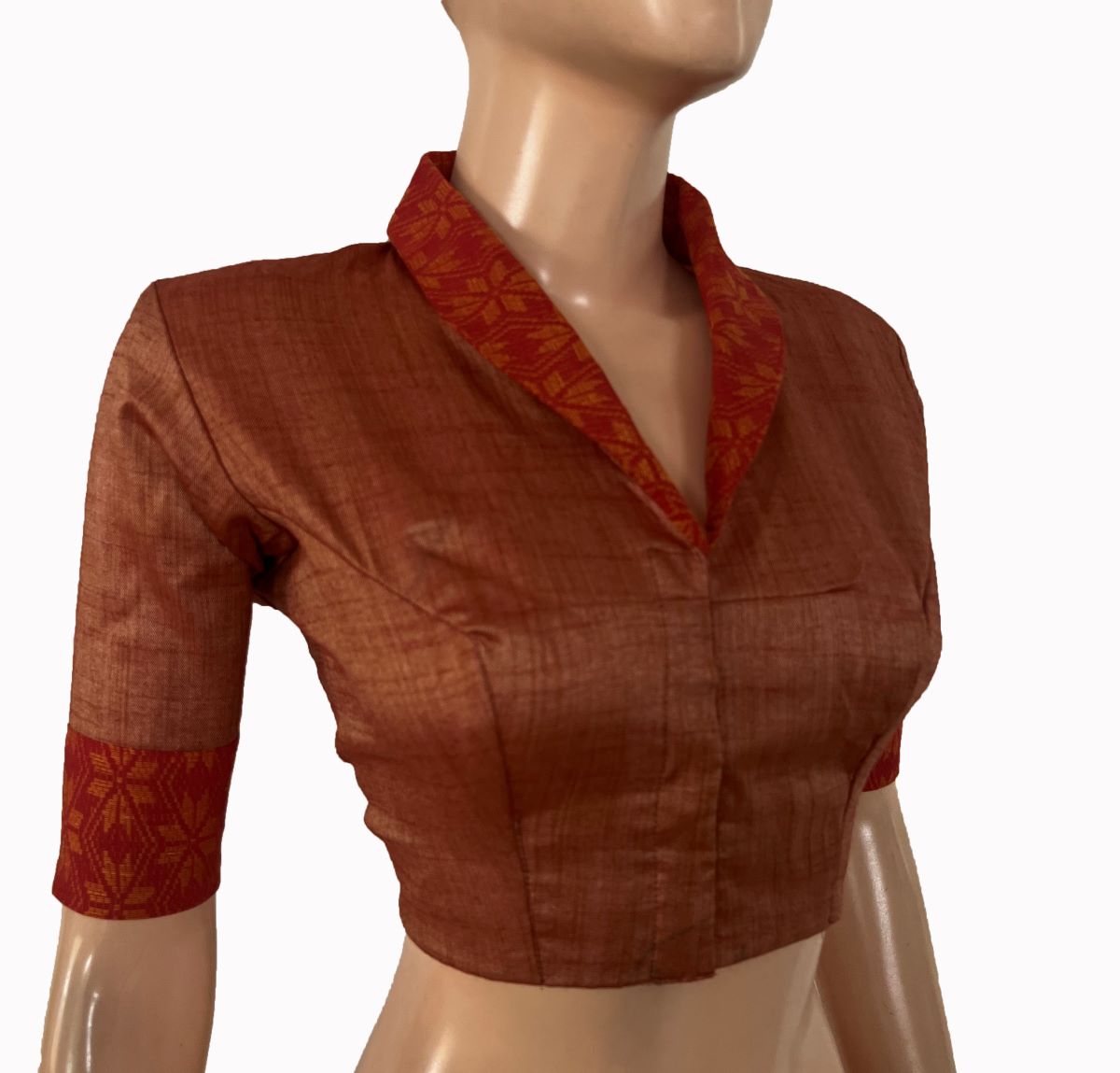 Silk Cotton Shawl Collar Jacquard Blouse with Lining , Peach ,BS1194 Silk Cotton Shawl Collar Jacquard Blouse with Lining , Peach ,BS1194