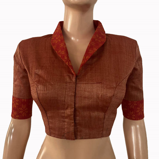 Silk Cotton Shawl Collar Jacquard Blouse with Lining , Peach ,BS1194