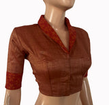 Silk Cotton Shawl Collar Jacquard Blouse with Lining , Peach ,BS1194 Silk Cotton Shawl Collar Jacquard Blouse with Lining , Peach ,BS1194