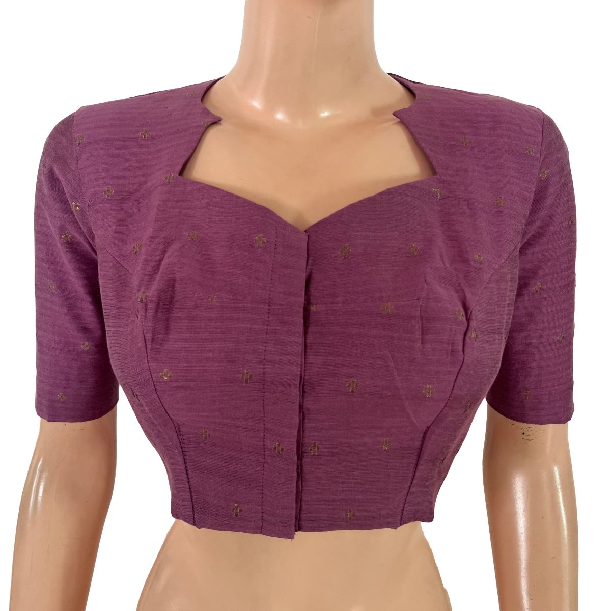 Semi Raw Silk Diamond Neck Blouse with Thread work Patch in back, Golden Butta & Lining, Lavender - Pink, BS1205