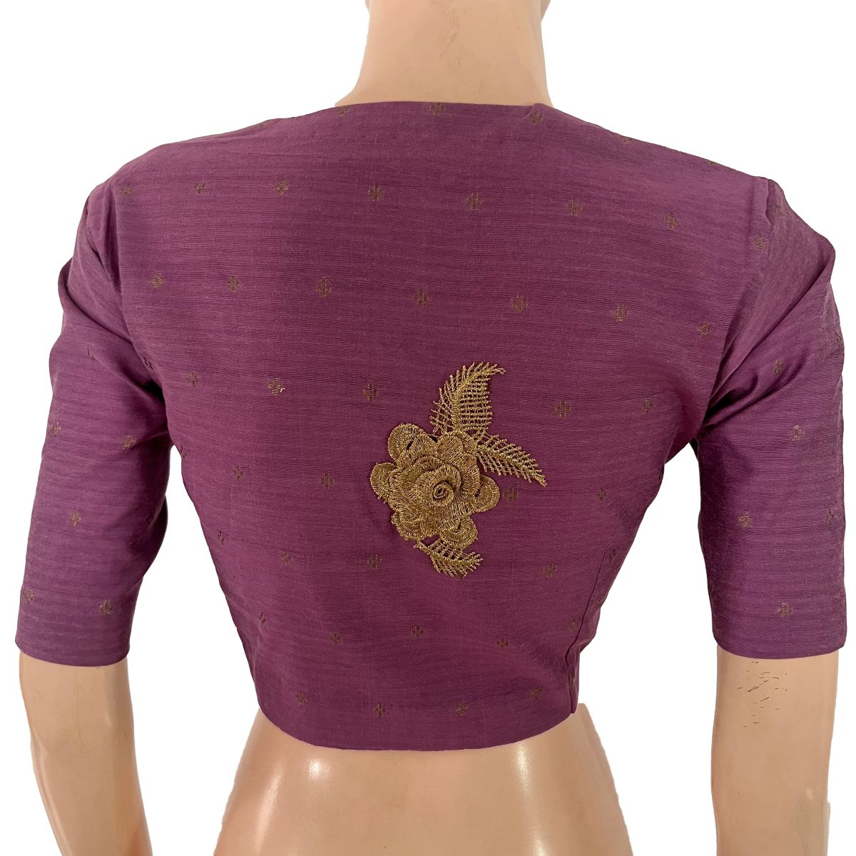 Semi Raw Silk Diamond Neck Blouse with Thread work Patch in back, Golden Butta & Lining, Lavender - Pink, BS1205