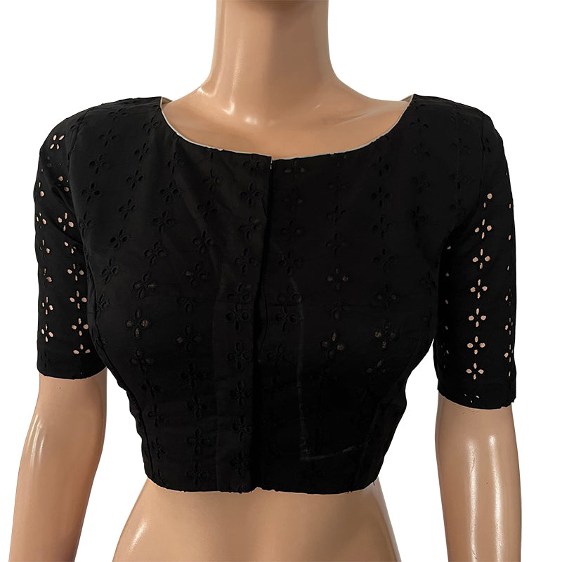Hakoba Cutwork Cotton Boatneck Blouse with Lining, Black, BW1129