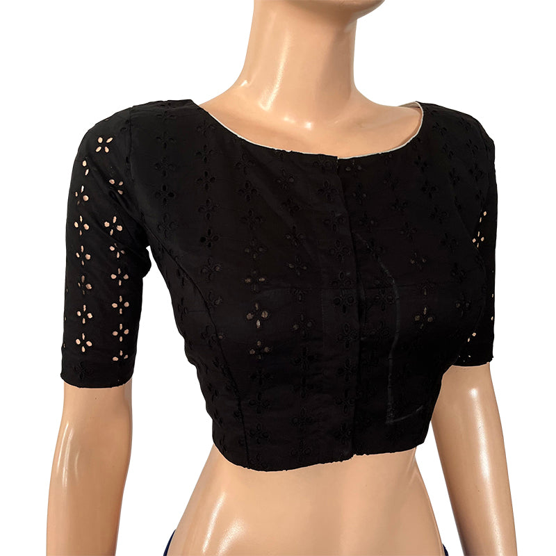 Hakoba Cutwork Cotton Boatneck Blouse with Lining, Black, BW1129