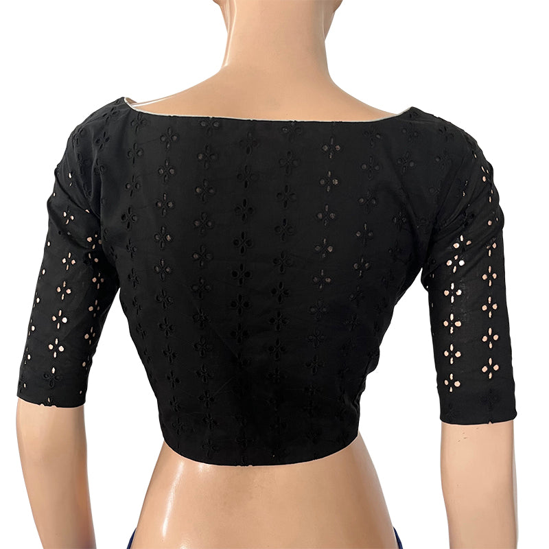 Hakoba Cutwork Cotton Boatneck Blouse with Lining, Black, BW1129