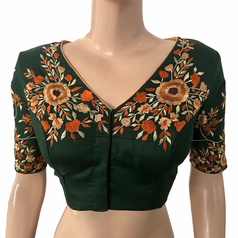 Embroidered Cotton Silk V neck Blouse with Lining, Bottle Green, BW1142