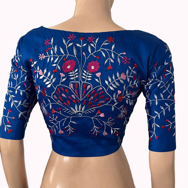 Embroidered Silk Cotton V neck Blouse with  Lining,  Royal blue, BW1145