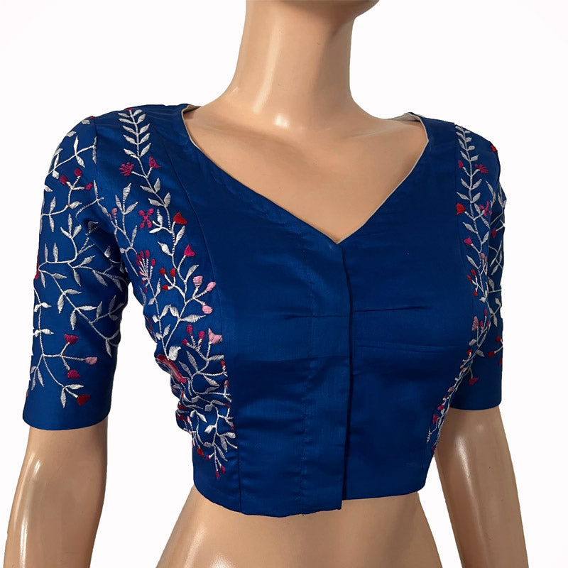 Embroidered Silk Cotton V neck Blouse with Lining, Royal blue, BW1145