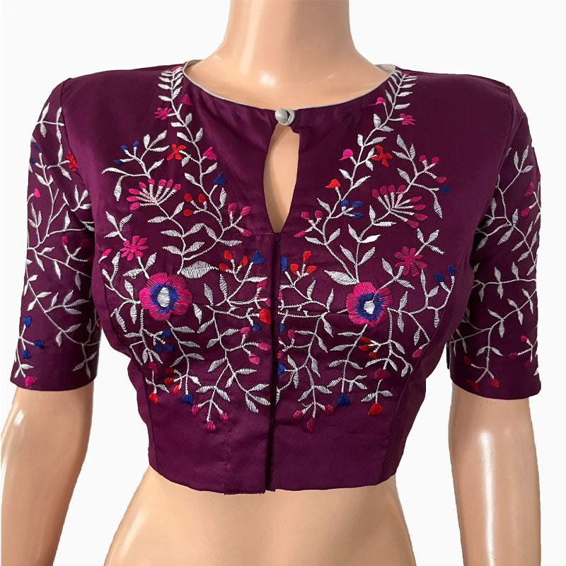 Embroidered Silk Cotton Close neck Blouse with Lining, Purple, BW1146