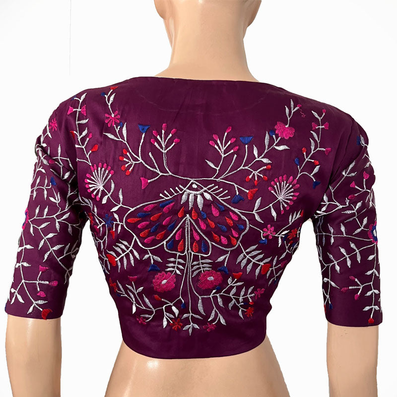 Embroidered Silk Cotton Close neck Blouse with Lining, Purple, BW1146