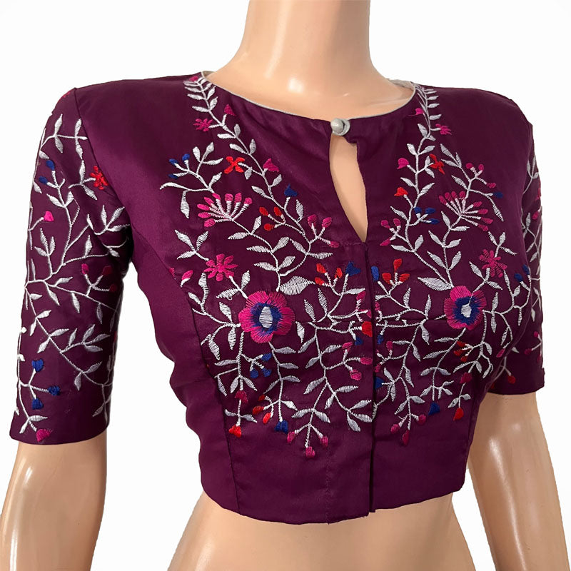 Embroidered Silk Cotton Close neck Blouse with Lining, Purple, BW1146