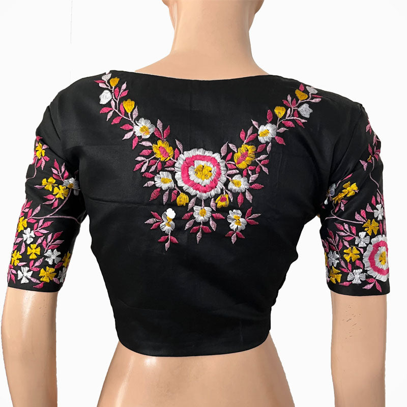 Embroidered Silk Cotton V neck Blouse with Lining, Black, BW1147