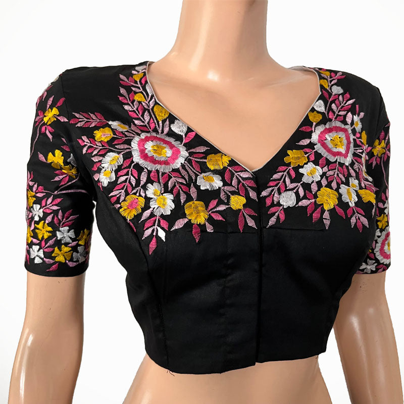 Embroidered Silk Cotton V neck Blouse with Lining, Black, BW1147