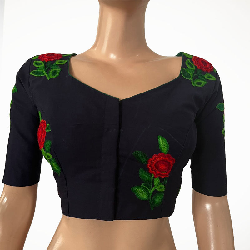 Embroidered 2 x 2 Cotton Sweetheart neck Blouse with Lining, Navy blue, BW1148