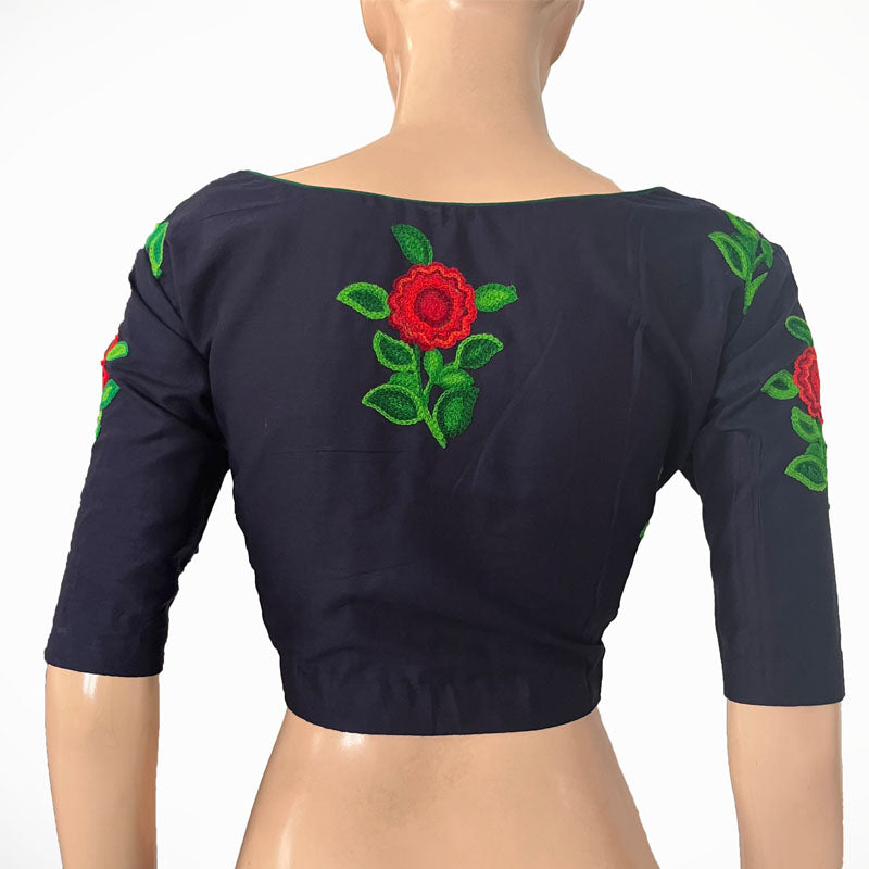 Embroidered 2 x 2 Cotton Sweetheart neck Blouse with Lining, Navy blue, BW1148