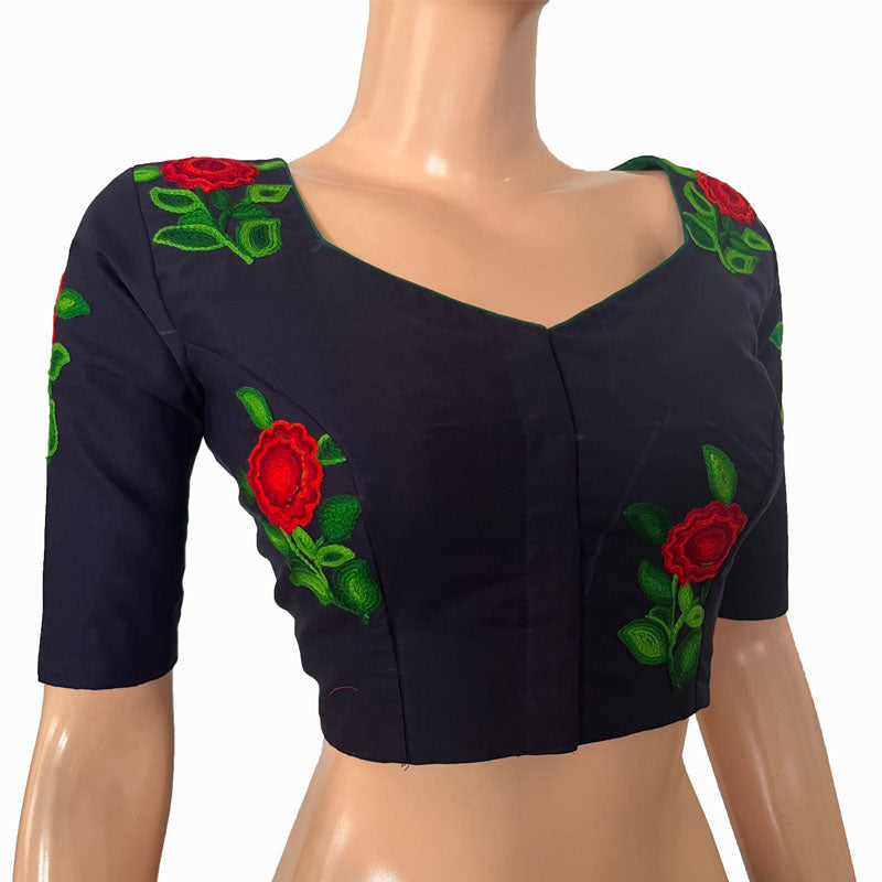 Embroidered 2 x 2 Cotton Sweetheart neck Blouse with Lining, Navy blue, BW1148