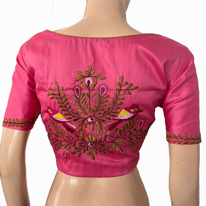 Embroidered Silk Cotton V neck Blouse with Short Sleeves & Lining, Pink, BW1149