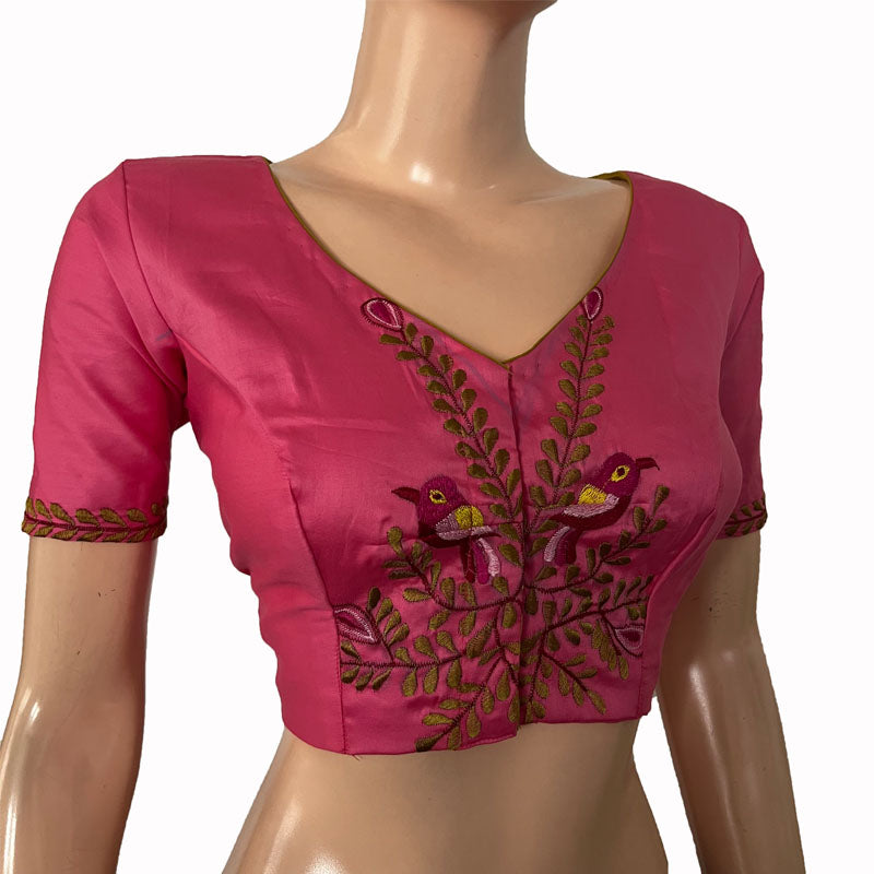 Embroidered Silk Cotton V neck Blouse with Short Sleeves & Lining, Pink, BW1149