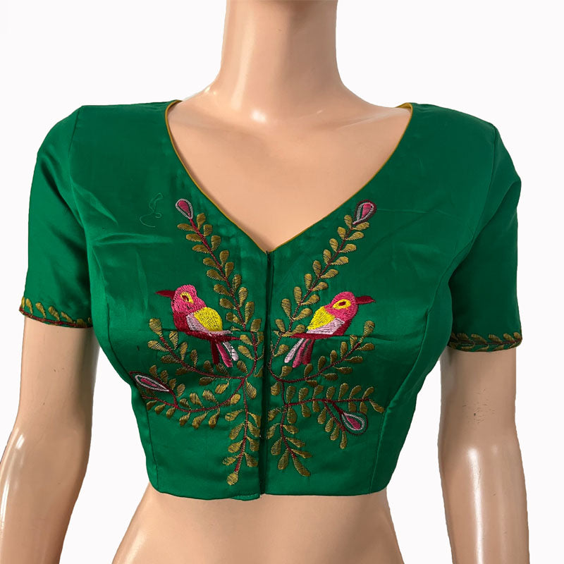 Embroidered Silk Cotton V neck Blouse with Short Sleeves & Lining, Green, BW1150