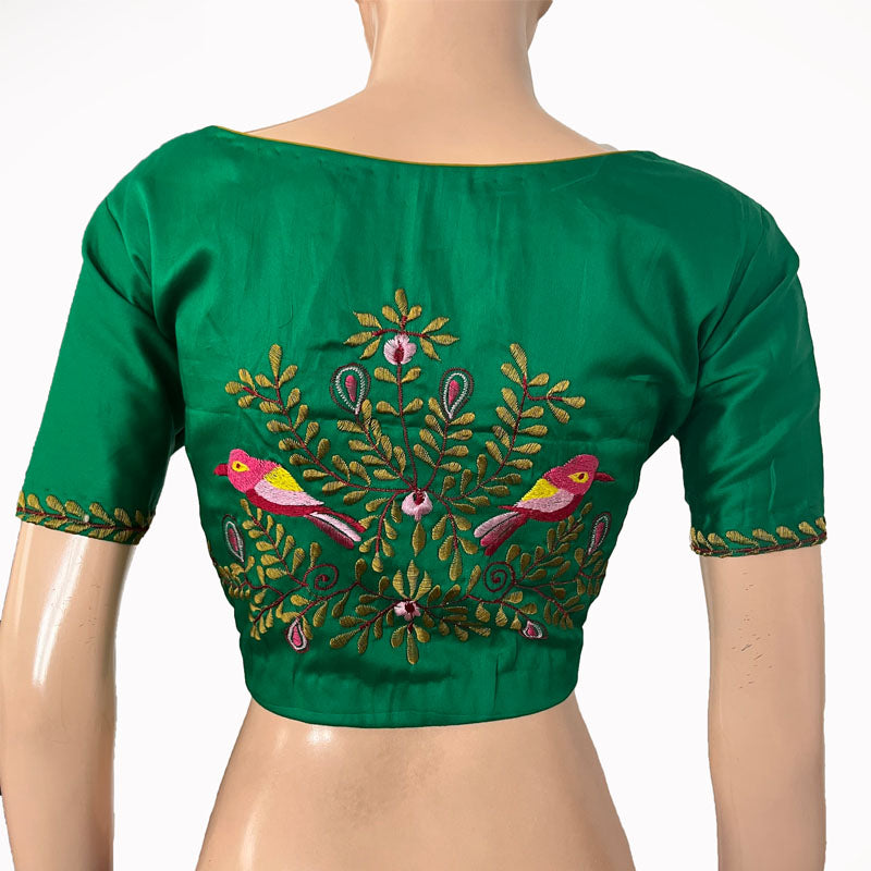 Embroidered Silk Cotton V neck Blouse with Short Sleeves & Lining, Green, BW1150