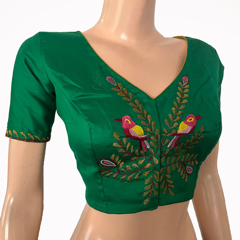 Embroidered Silk Cotton V neck Blouse with Short Sleeves & Lining, Green, BW1150