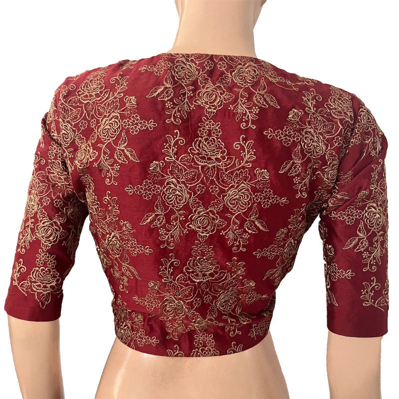 Pure Chanderi Silk Fully Embroidered Close neck Blouse with Lining, Maroon, BW1152