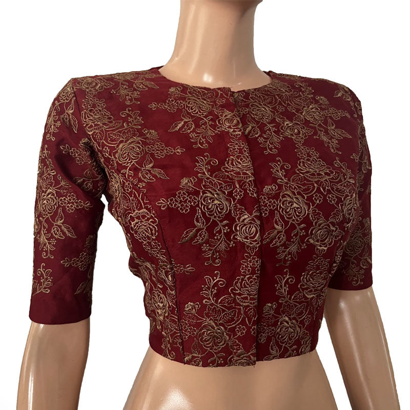 Pure Chanderi Silk Fully Embroidered Close neck Blouse with Lining, Maroon, BW1152