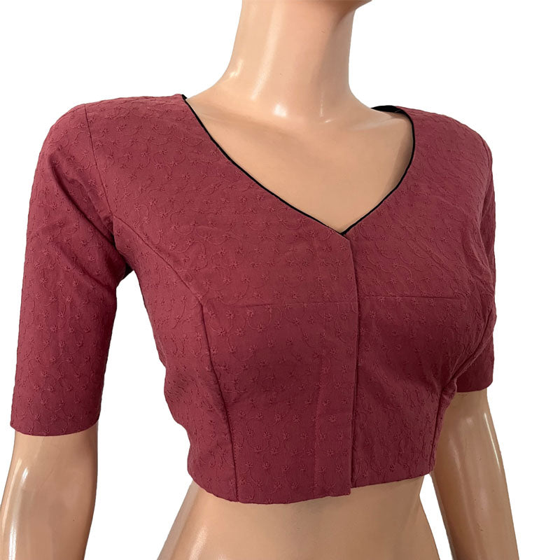 Hakoba Cutwork Cotton V neck Blouse with Lining, Onion Pink, BW1155
