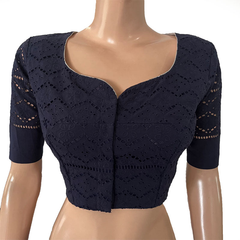Hakoba Cutwork Cotton Y neck Blouse with Lining, Navy blue, BW1156