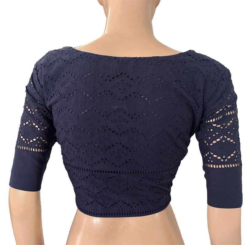 Hakoba Cutwork Cotton Y neck Blouse with Lining, Navy blue, BW1156