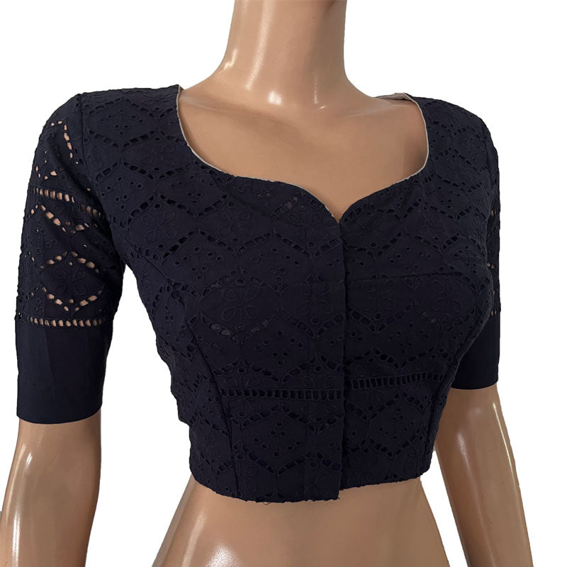 Hakoba Cutwork Cotton Y neck Blouse with Lining, Navy blue, BW1156