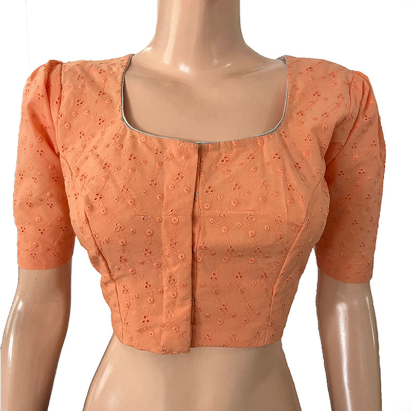 Hakoba Cutwork Cotton Square - U neck Blouse with Puff Sleeves & Lining, Peach, BW1157
