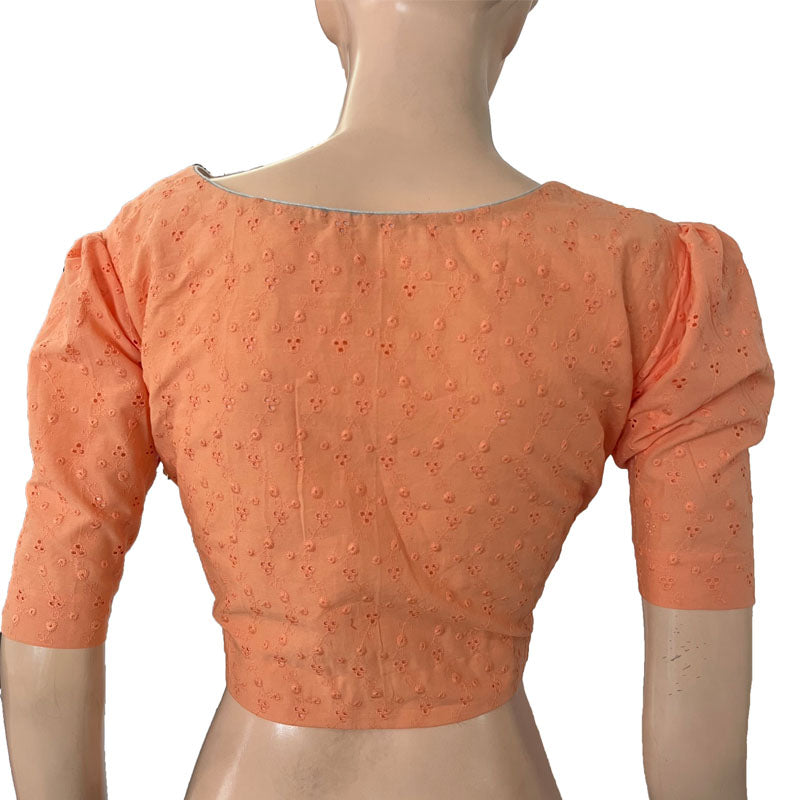 Hakoba Cutwork Cotton Square - U neck Blouse with Puff Sleeves & Lining, Peach, BW1157