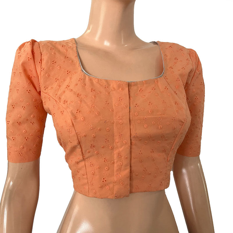 Hakoba Cutwork Cotton Square - U neck Blouse with Puff Sleeves & Lining, Peach, BW1157