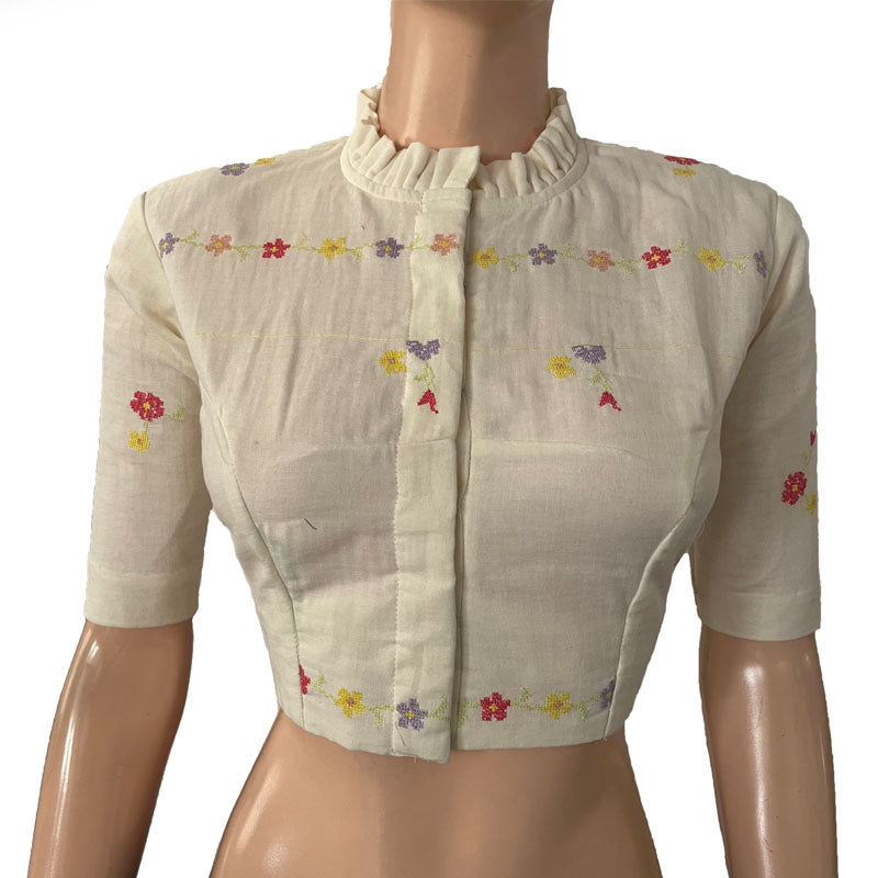 Embroidered Soft Cotton Frill collar Blouse with Lining, Off White, BW1159