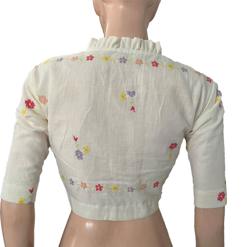 Embroidered Soft Cotton Frill collar Blouse with Lining, Off White, BW1159