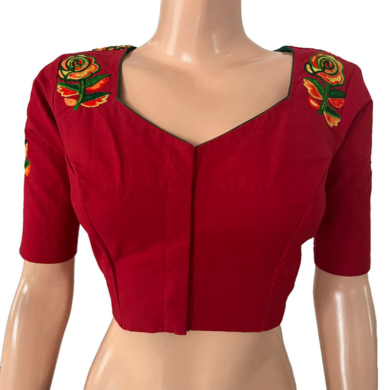Embroidered Cotton Sweetheart neck Blouse with Lining, Red, BW1160