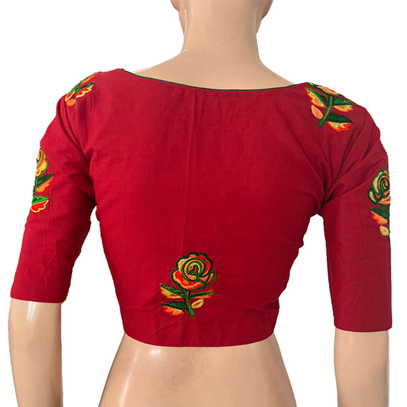 Embroidered Cotton Sweetheart neck Blouse with Lining, Red, BW1160