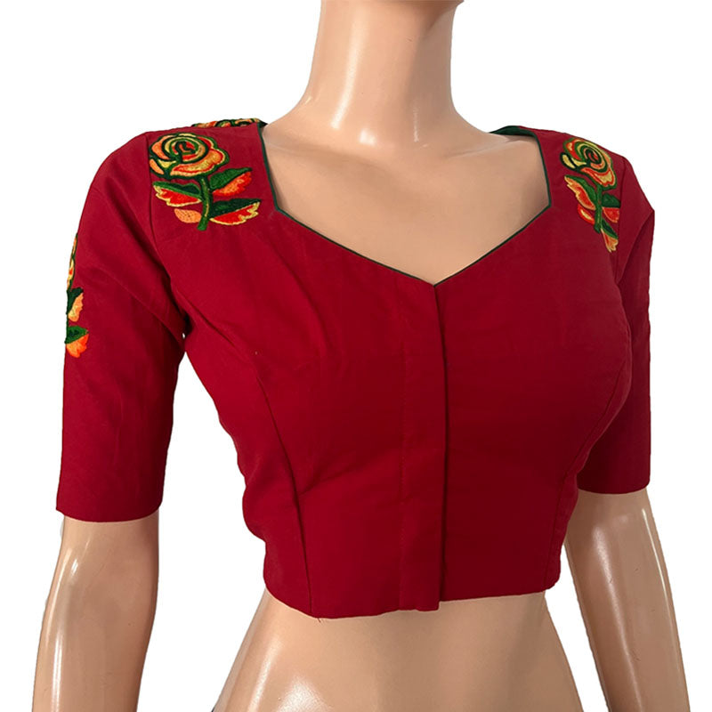 Embroidered Cotton Sweetheart neck Blouse with Lining, Red, BW1160