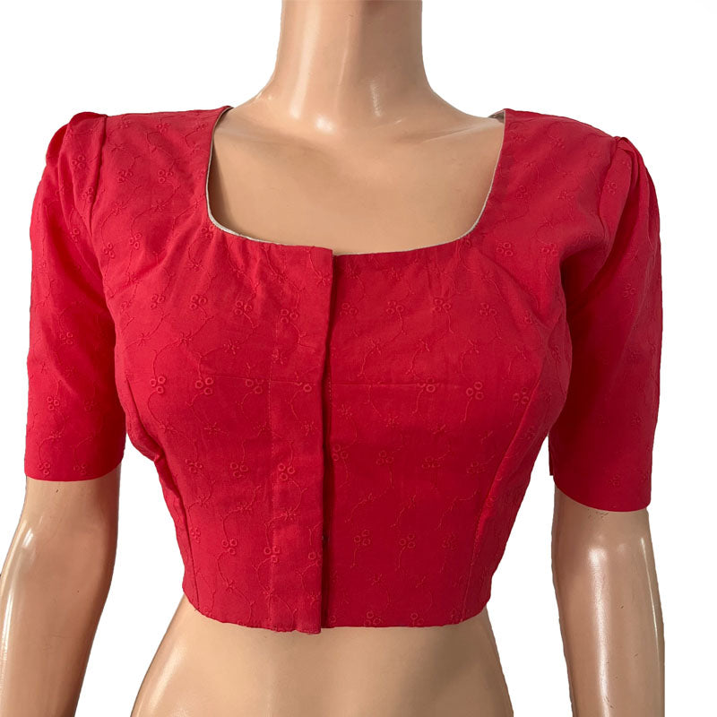Hakoba Cotton Square - U neck Blouse with Puff Sleeves & Lining, Pink, BW1161