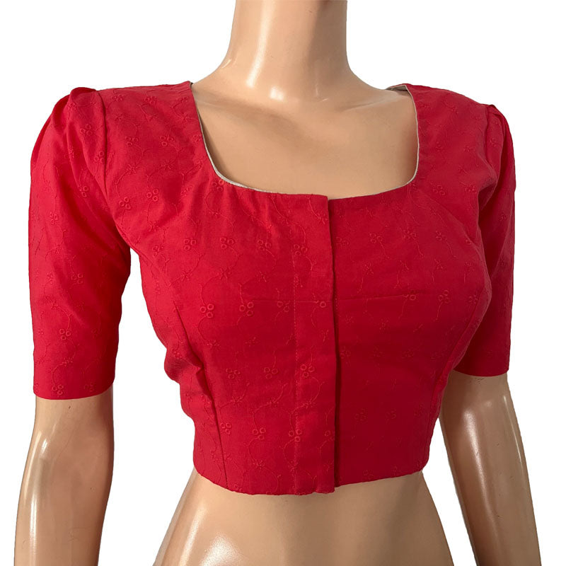 Hakoba Cotton Square - U neck Blouse with Puff Sleeves & Lining, Pink, BW1161