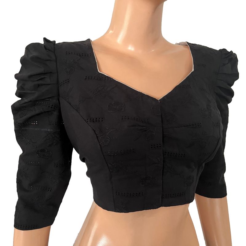 Hakoba Cotton Sweetheart neck Blouse with Gathered Puff Sleeves & Lining,  Black, BW1162 Hakoba Cotton Sweetheart neck Blouse with Gathered Puff Sleeves & Lining,  Black, BW1162