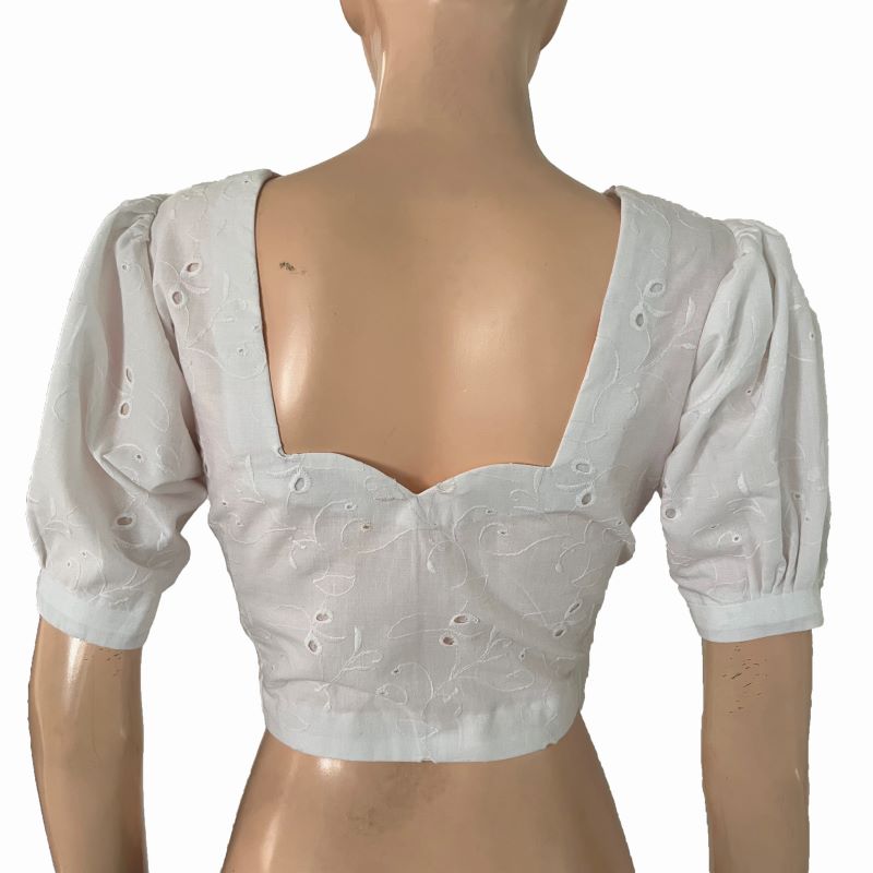Hakoba Cotton Sweetheart Neck Blouse with Deep Cut in Back and Puff Sleeves with Lining, White, BW1168