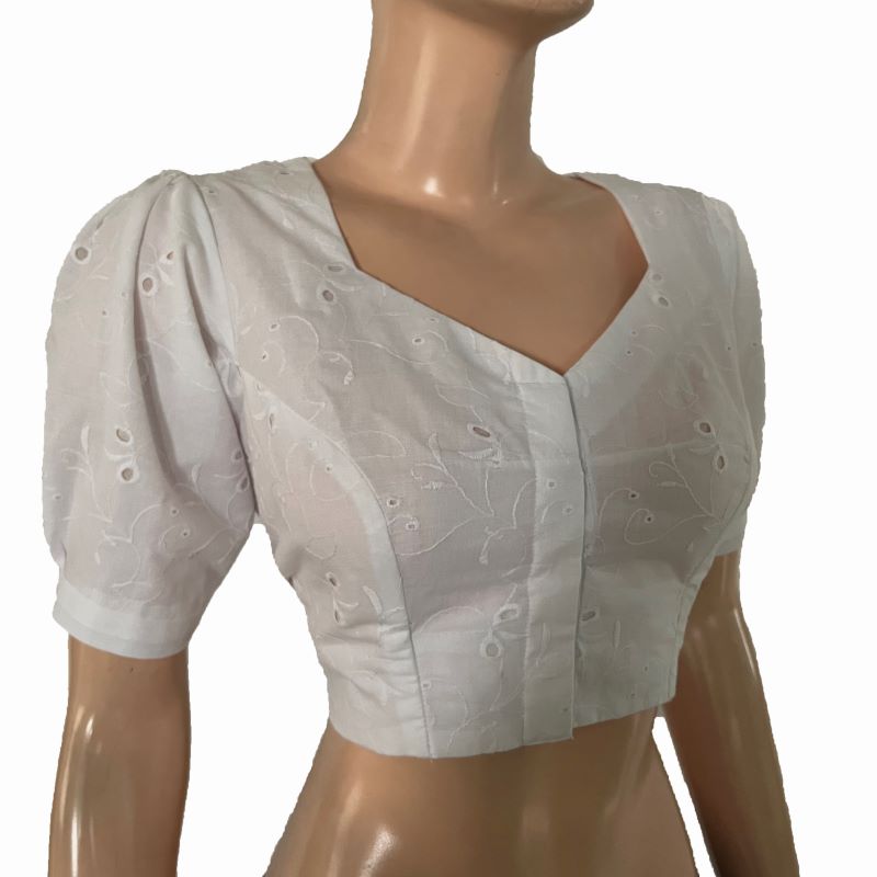 Hakoba Cotton Sweetheart Neck Blouse with Deep Cut in Back and Puff Sleeves with Lining, White, BW1168