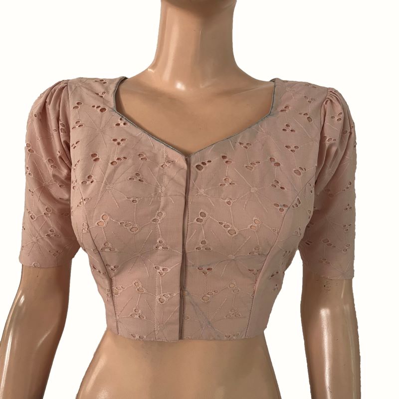Hakoba Cotton Sweetheart Neck Blouse with Puff Sleeves & Lining, Pastel Peach , BW1169